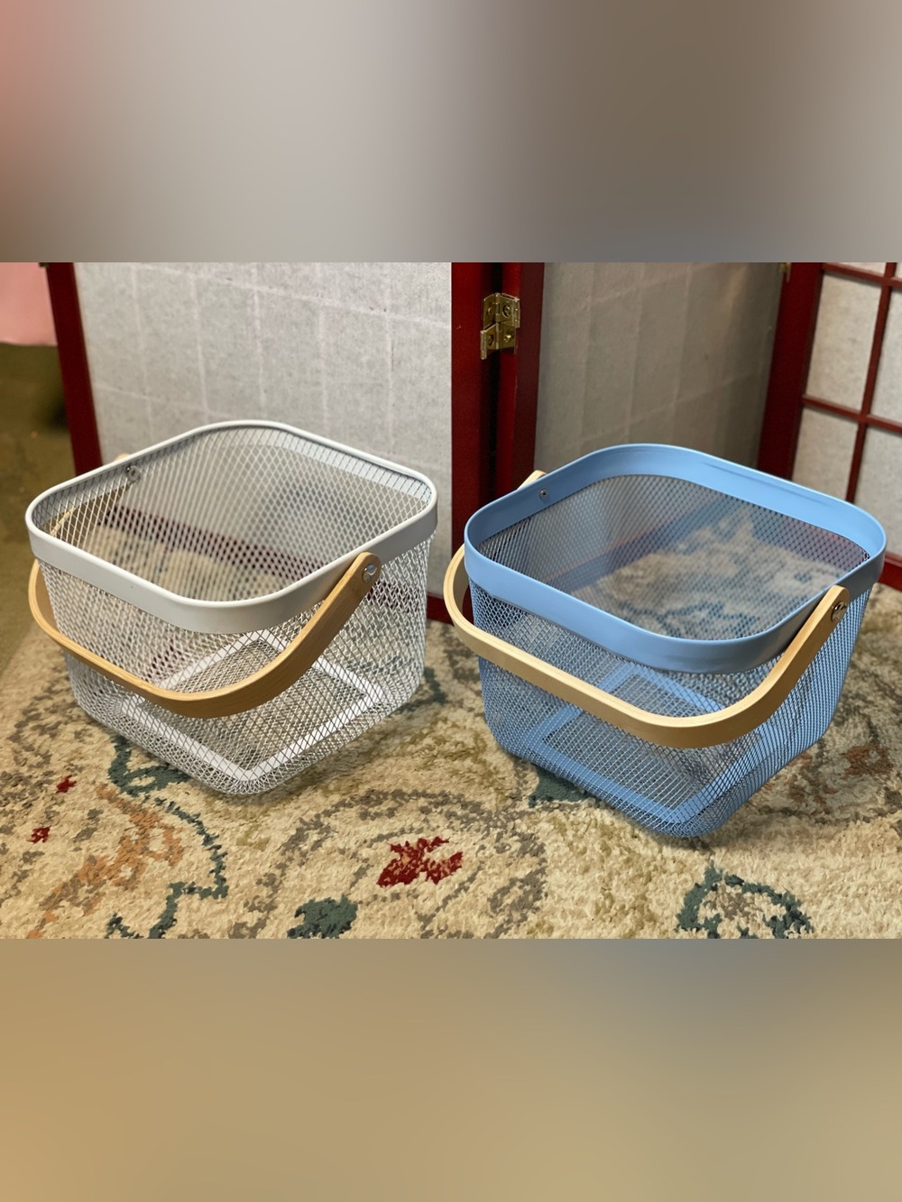 Blue & White Metal Storage Baskets with Natural Wood Handles - Home Accents